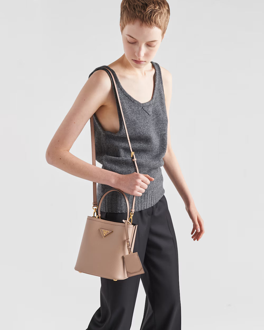 Prada Panier Small Saffiano Leather Bag - Powder Pink/Black & Grey - Master Quality with Box